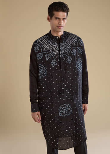 Black Bandhani Silk Mens Kurta and Pant Set