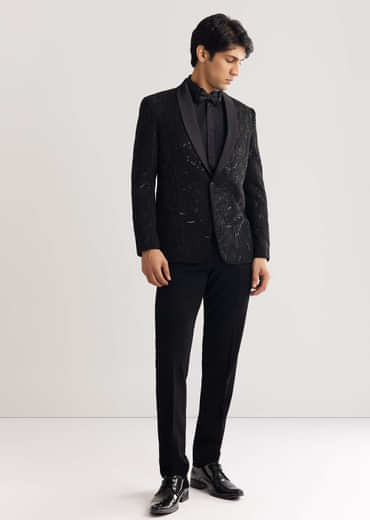 Black Beads And Sequin Embroidered Tuxedo Suit