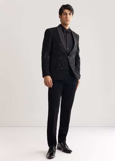 Black Beads And Sequin Embroidered Tuxedo Suit