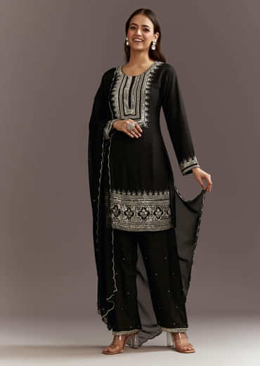 Black Beads And Sequins Work Kurta Set With Organza Dupatta