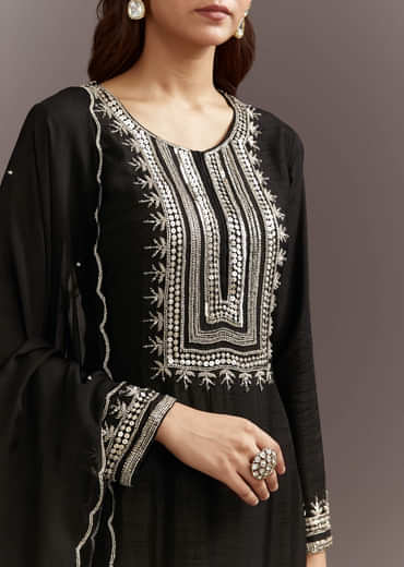 Black Beads And Sequins Work Kurta Set With Organza Dupatta