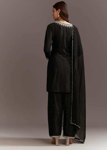 Black Beads And Sequins Work Kurta Set With Organza Dupatta