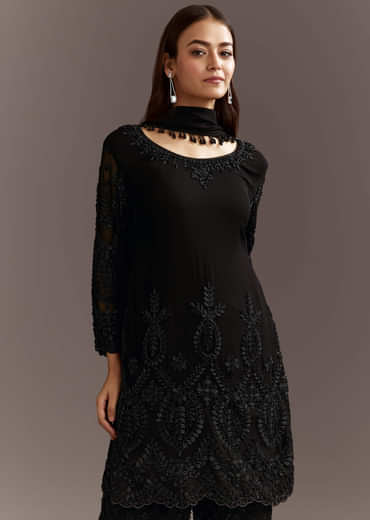 Black Beads Work Georgette Kurta With Fully Beaded Pant