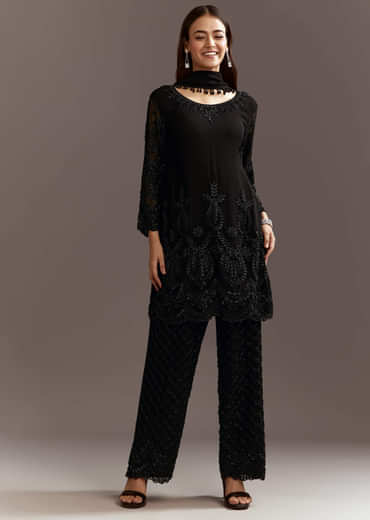 Black Beads Work Georgette Kurta With Fully Beaded Pant