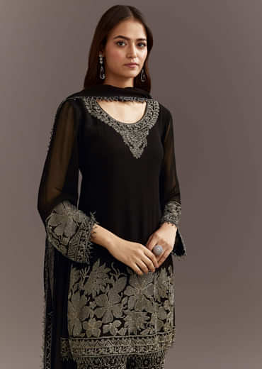 Black Beads Work Kurta Dupatta Set With Fully Beaded Pant