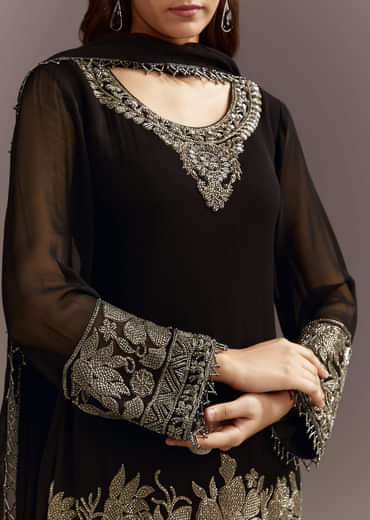 Black Beads Work Kurta Dupatta Set With Fully Beaded Pant