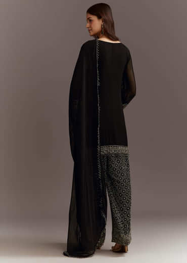 Black Beads Work Kurta Dupatta Set With Fully Beaded Pant