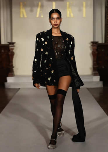 Black Bridal Indo Western Drape Skirt Set With Embroidery