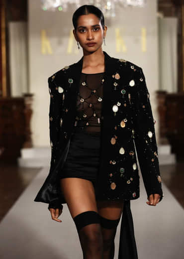 Black Bridal Indo Western Drape Skirt Set With Embroidery