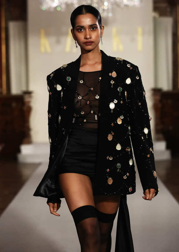 Black Bridal Indo Western Drape Skirt Set With Embroidery