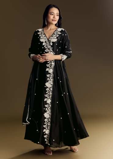Black Chanderi Anarkali Suit With Moti And Sequins Work