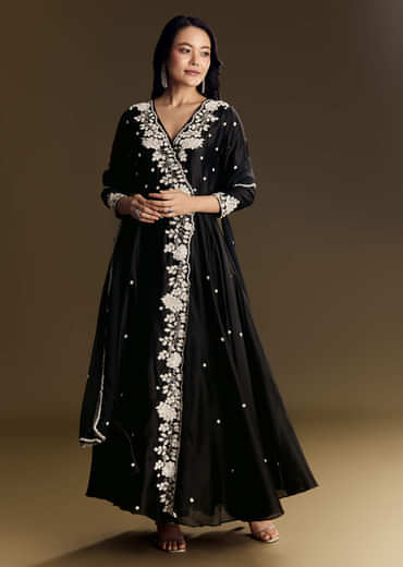 Black Chanderi Anarkali Suit With Moti And Sequins Work