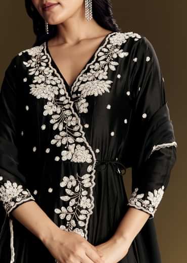 Black Chanderi Anarkali Suit With Moti And Sequins Work