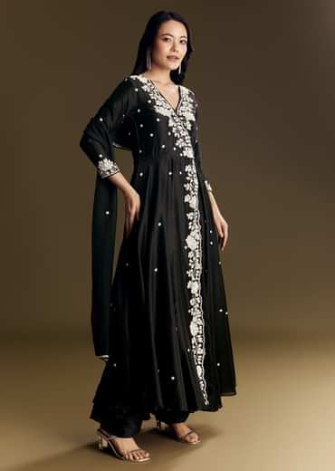 Black Chanderi Anarkali Suit With Moti And Sequins Work