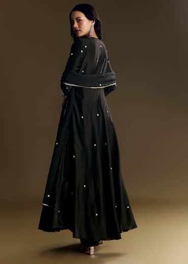 Black Chanderi Anarkali Suit With Moti And Sequins Work