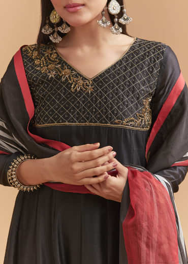 Black Chanderi Anarkali Suit With Zari And Sequins Embroidery