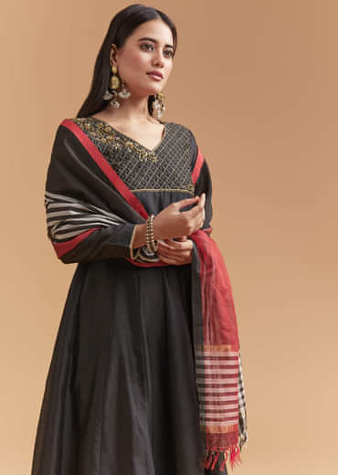 Black Chanderi Anarkali Suit With Zari And Sequins Embroidery