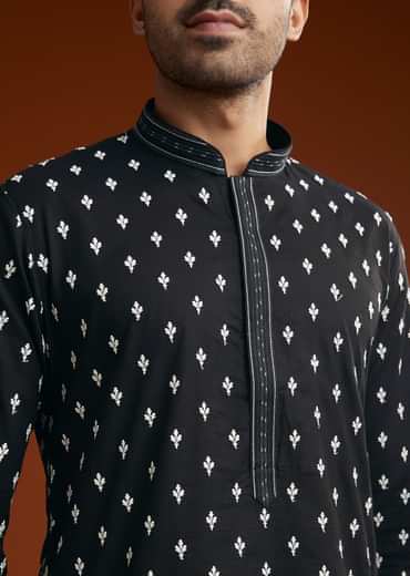 Black Chanderi Kurta Pant Set With Intricate Embroidery