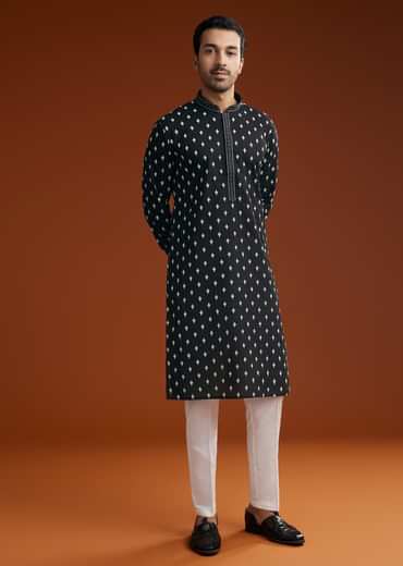 Black Chanderi Kurta Pant Set With Intricate Embroidery