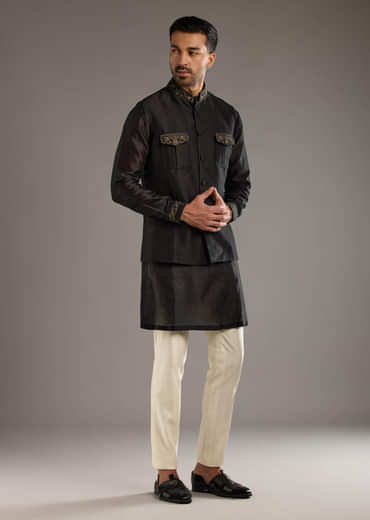 Black Chanderi Linen Kurta Jacket Set For Men With Dori Work