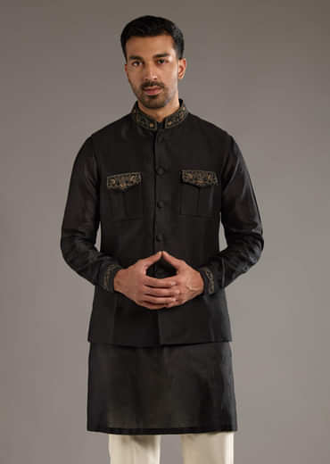 Black Chanderi Linen Kurta Jacket Set For Men With Dori Work