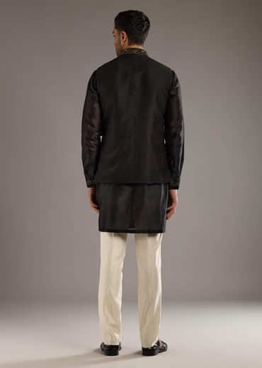 Black Chanderi Linen Kurta Jacket Set For Men With Dori Work