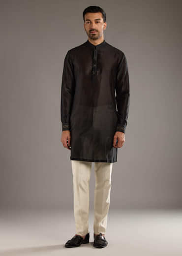 Black Chanderi Linen Kurta Jacket Set For Men With Dori Work