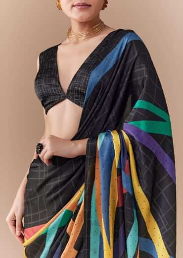 Black Checkered Printed Saree with Blouse Fabric