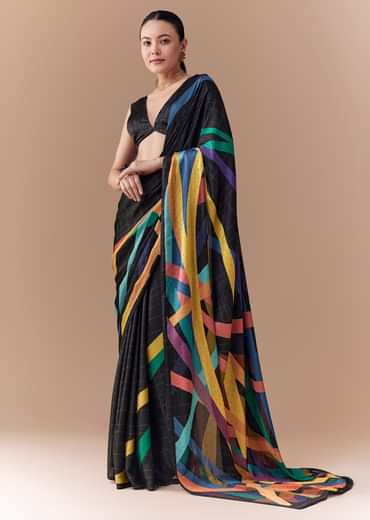 Black Checkered Printed Saree with Blouse Fabric