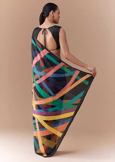 Black Checkered Printed Saree with Blouse Fabric