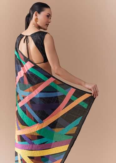 Black Checkered Printed Saree with Blouse Fabric