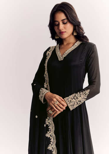 Black Chinon Anarkali Suit With Zardosi Work And Embroidered Dupatta