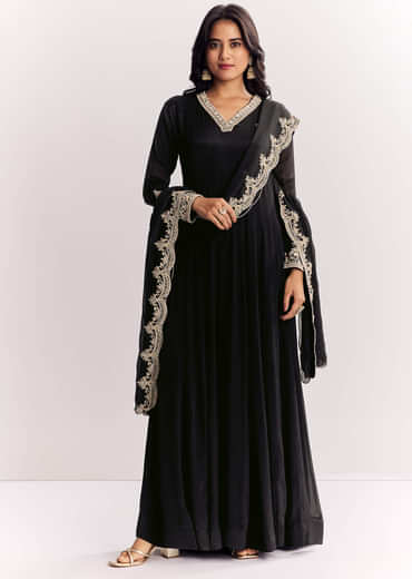 Black Chinon Anarkali Suit With Zardosi Work And Embroidered Dupatta