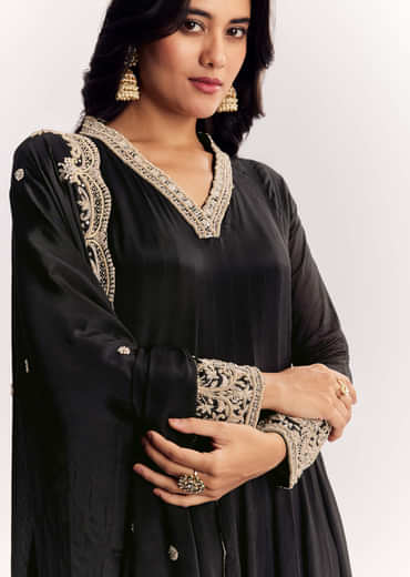 Black Chinon Anarkali Suit With Zardosi Work And Embroidered Dupatta