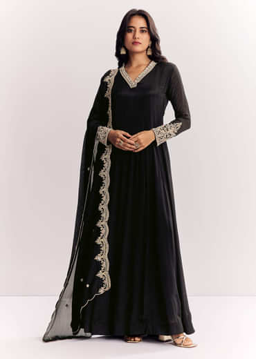 Black Chinon Anarkali Suit With Zardosi Work And Embroidered Dupatta