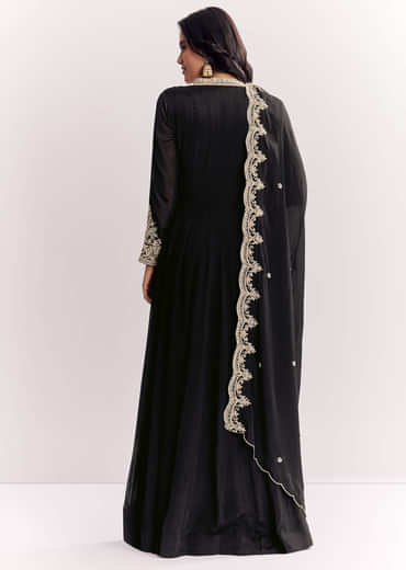 Black Chinon Anarkali Suit With Zardosi Work And Embroidered Dupatta