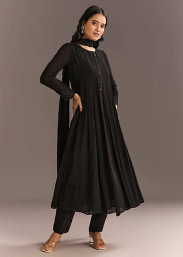 Black Chinon Beaded Sequin Anarkali Pant With Dupatta