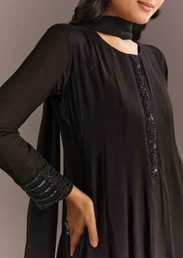 Black Chinon Beaded Sequin Anarkali Pant With Dupatta