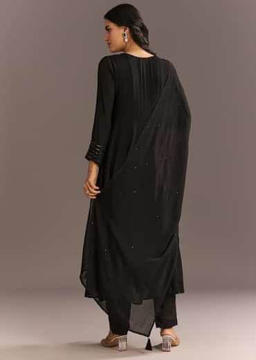 Black Chinon Beaded Sequin Anarkali Pant With Dupatta