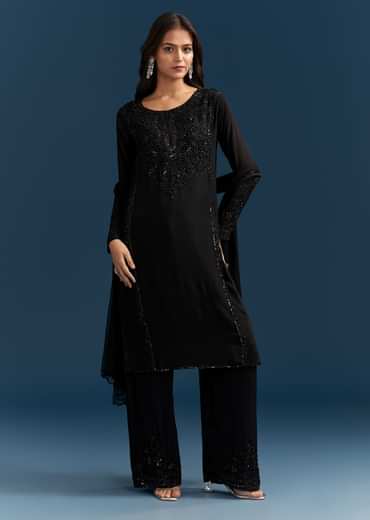 Black Chinon Kurta Set With Sequins And Cut Dana Work