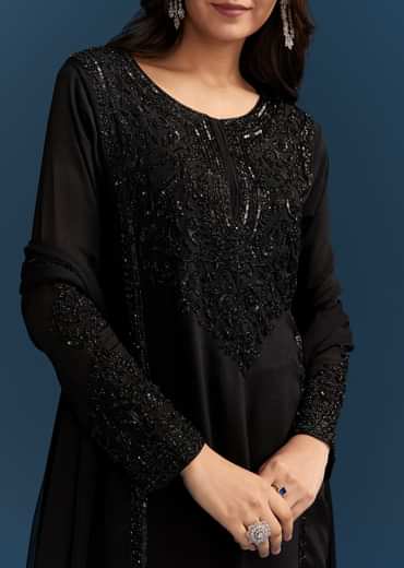 Black Chinon Kurta Set With Sequins And Cut Dana Work
