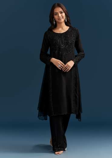Black Chinon Kurta Set With Sequins And Cut Dana Work