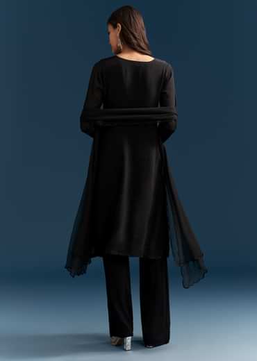 Black Chinon Kurta Set With Sequins And Cut Dana Work