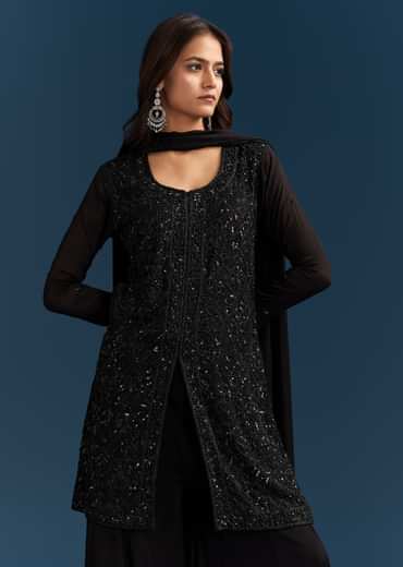 Black Chinon Palazzo Suit With Cut Dana And Sequins Work