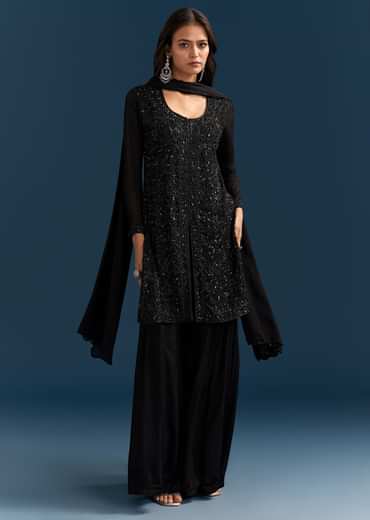 Black Chinon Palazzo Suit With Cut Dana And Sequins Work