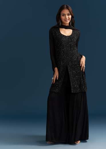 Black Chinon Palazzo Suit With Cut Dana And Sequins Work