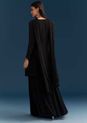 Black Chinon Palazzo Suit With Cut Dana And Sequins Work