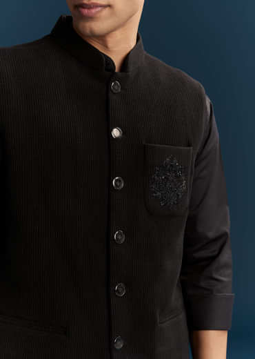 Black Corduroy Kurta Jacket Set For Men With Embroidery