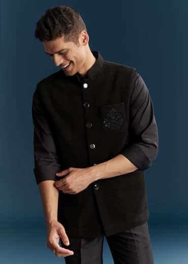 Black Corduroy Kurta Jacket Set For Men With Embroidery