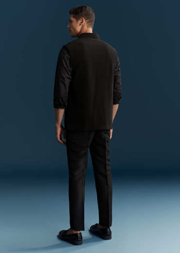 Black Corduroy Kurta Jacket Set For Men With Embroidery